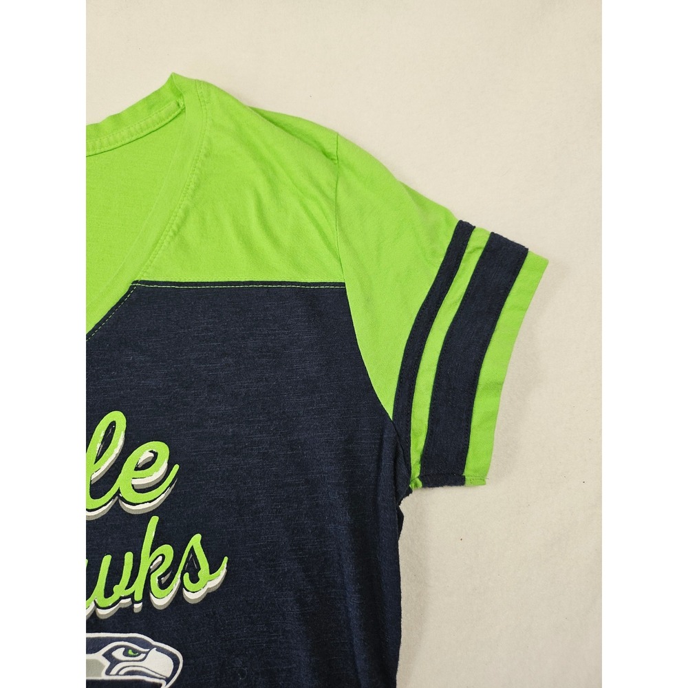 Majestic Seattle Seahawks Women's V-Neck Tee‎ Navy Blue Neon Green Logo Size Lg - Picture 6 of 9